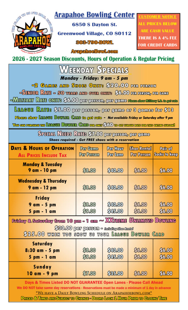 2026–2027 Fall/Winter Pricing, Specials & Hours